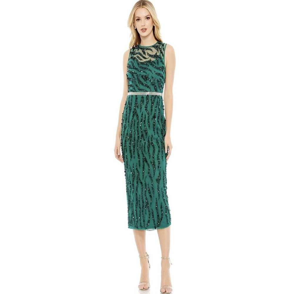 NWT Mac Duggal Green Sequin Sheath Midi Dress SZ 2 Formal Gala Prom Wedding $489